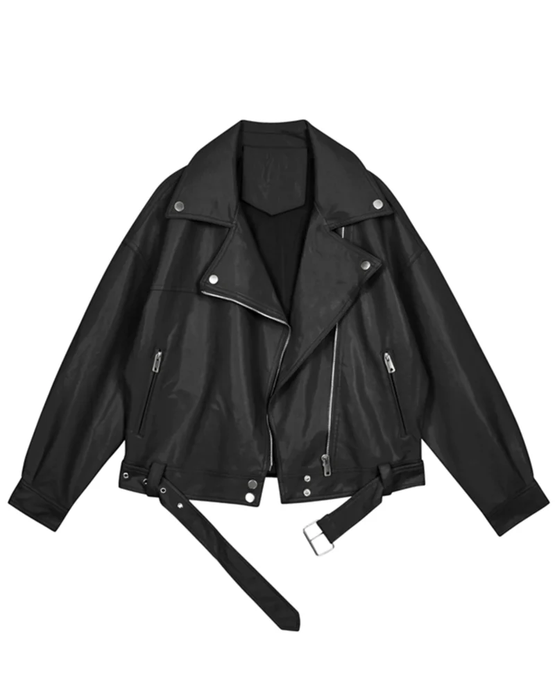 Fitaylor Women Faux PU Leather Jacket Vintage High Street Motorcycle Jacket Lady Lapel Zipper Loose Leather Jacket Coat