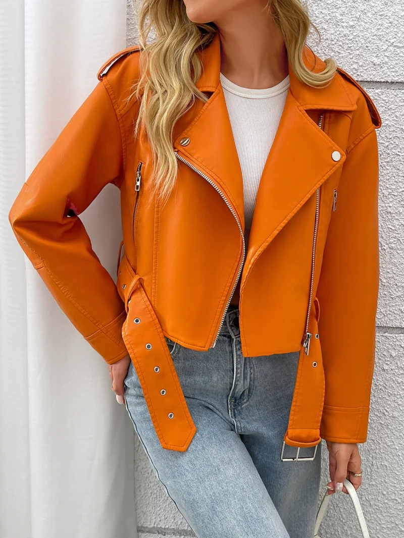 Fitaylor Spring Autumn Women PU Leather Jacket Lady Lapel Motorcycle Leather Outwear Casual Orange Coat - Image 4