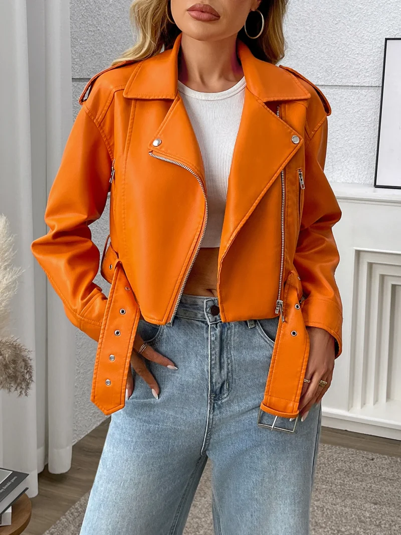 Fitaylor Spring Autumn Women PU Leather Jacket Lady Lapel Motorcycle Leather Outwear Casual Orange Coat