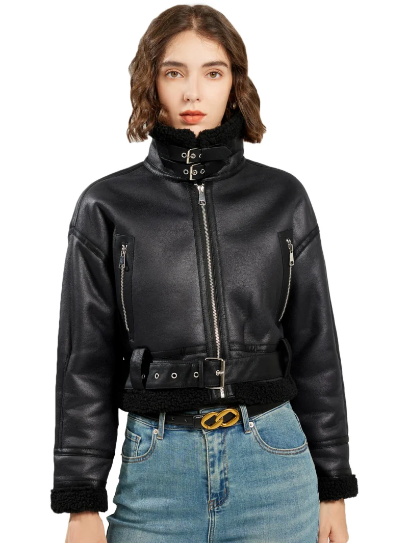 Fitaylor Winter Women Faux Lambswool Leather Jacket Female High Street Motorcycle Outwear Casual Short Coat