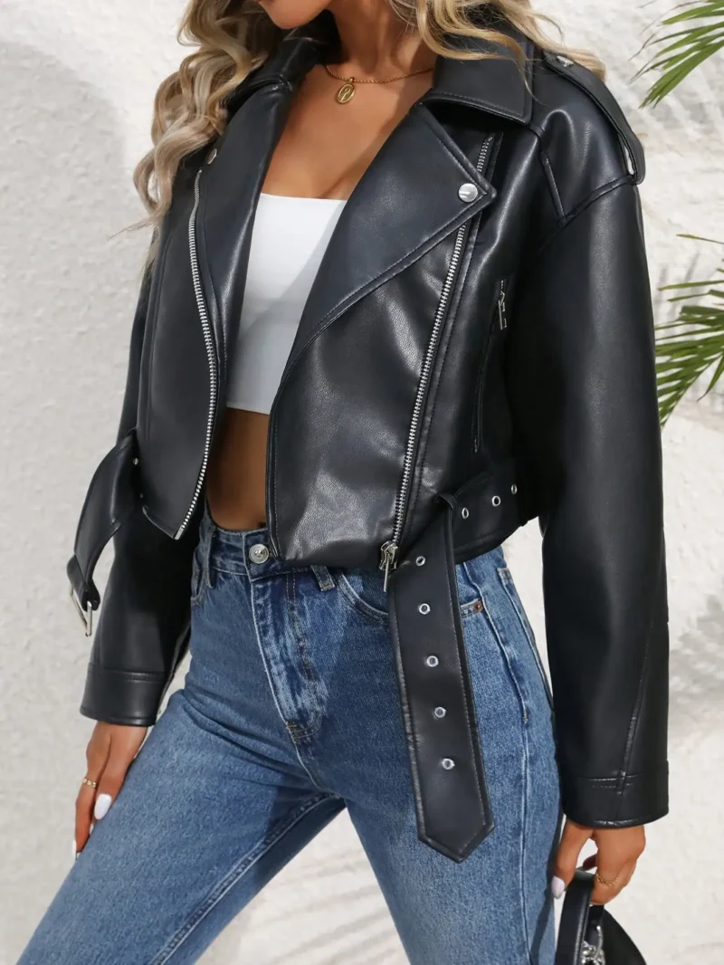 Fitaylor Women Faux PU Leather Jacket Casual Lady Lapel Zipper Short Coat Motorcycle Leather Outwear - Image 2