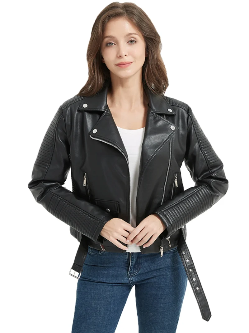 Fitaylor Women Faux PU Leather Jacket High Street Lapel Zipper Leather Coat Casual Lady Black Outwear - Image 4