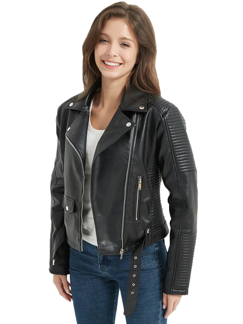 Fitaylor Women Faux PU Leather Jacket High Street Lapel Zipper Leather Coat Casual Lady Black Outwear - Image 5