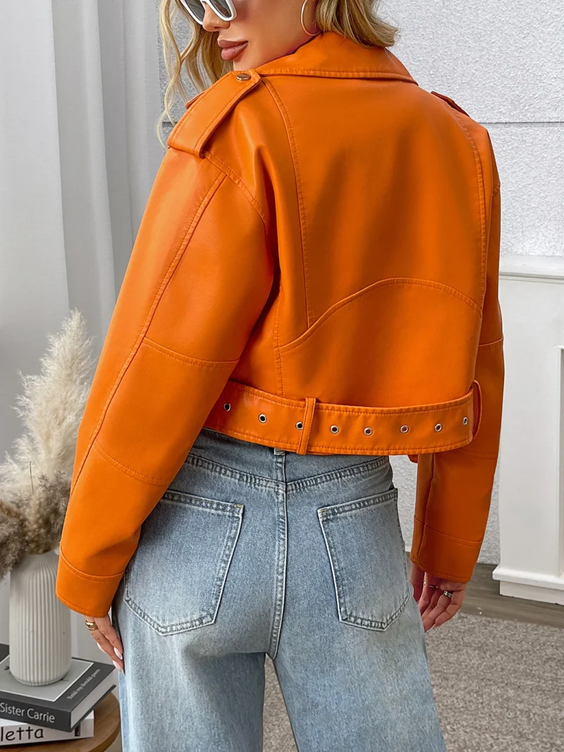 Fitaylor Spring Autumn Women PU Leather Jacket Lady Lapel Motorcycle Leather Outwear Casual Orange Coat - Image 5