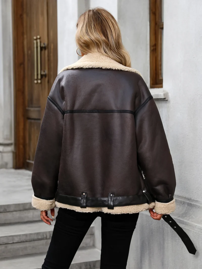 Fitaylor Winter Women Faux Lamb Fur Leather Jacket High Street Motorcycle Outwear Casual Lady Thick Warm Coat - Image 6