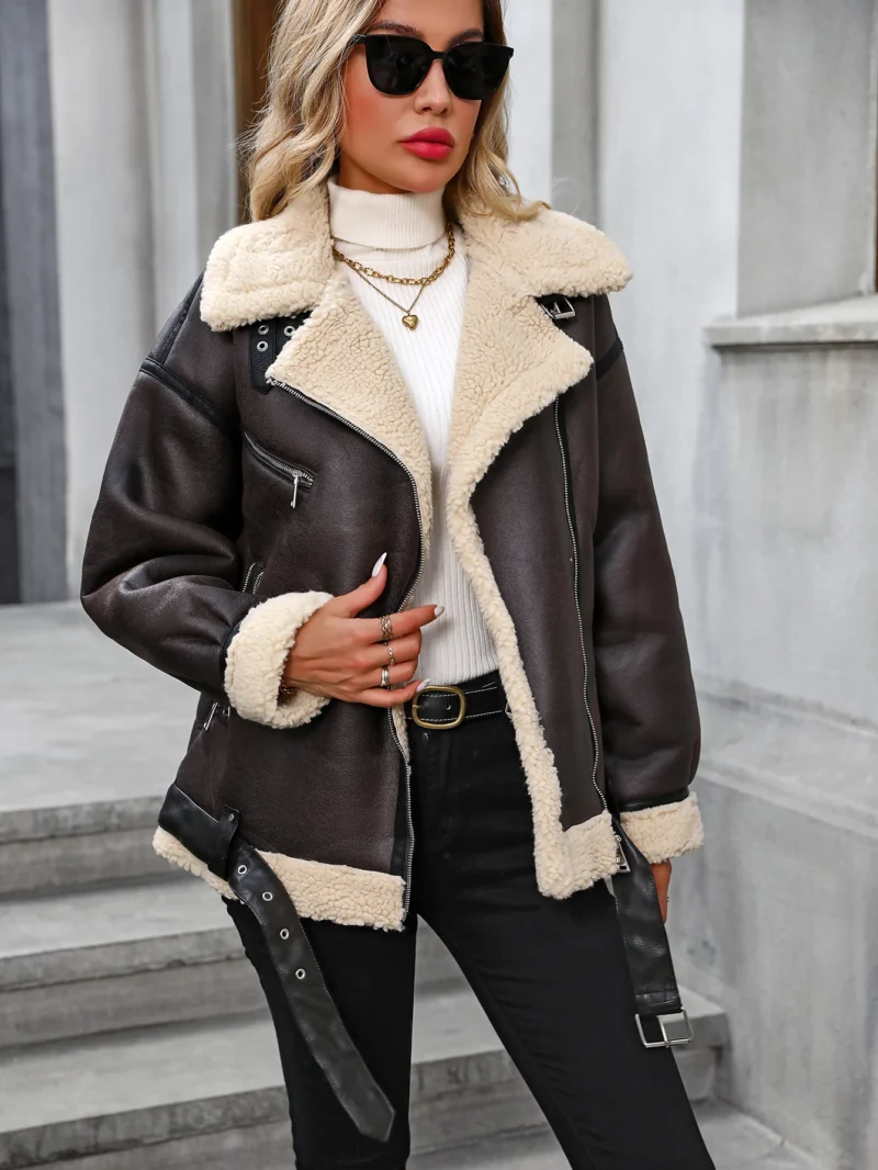 Fitaylor Winter Women Faux Lamb Fur Leather Jacket High Street Motorcycle Outwear Casual Lady Thick Warm Coat - Image 4